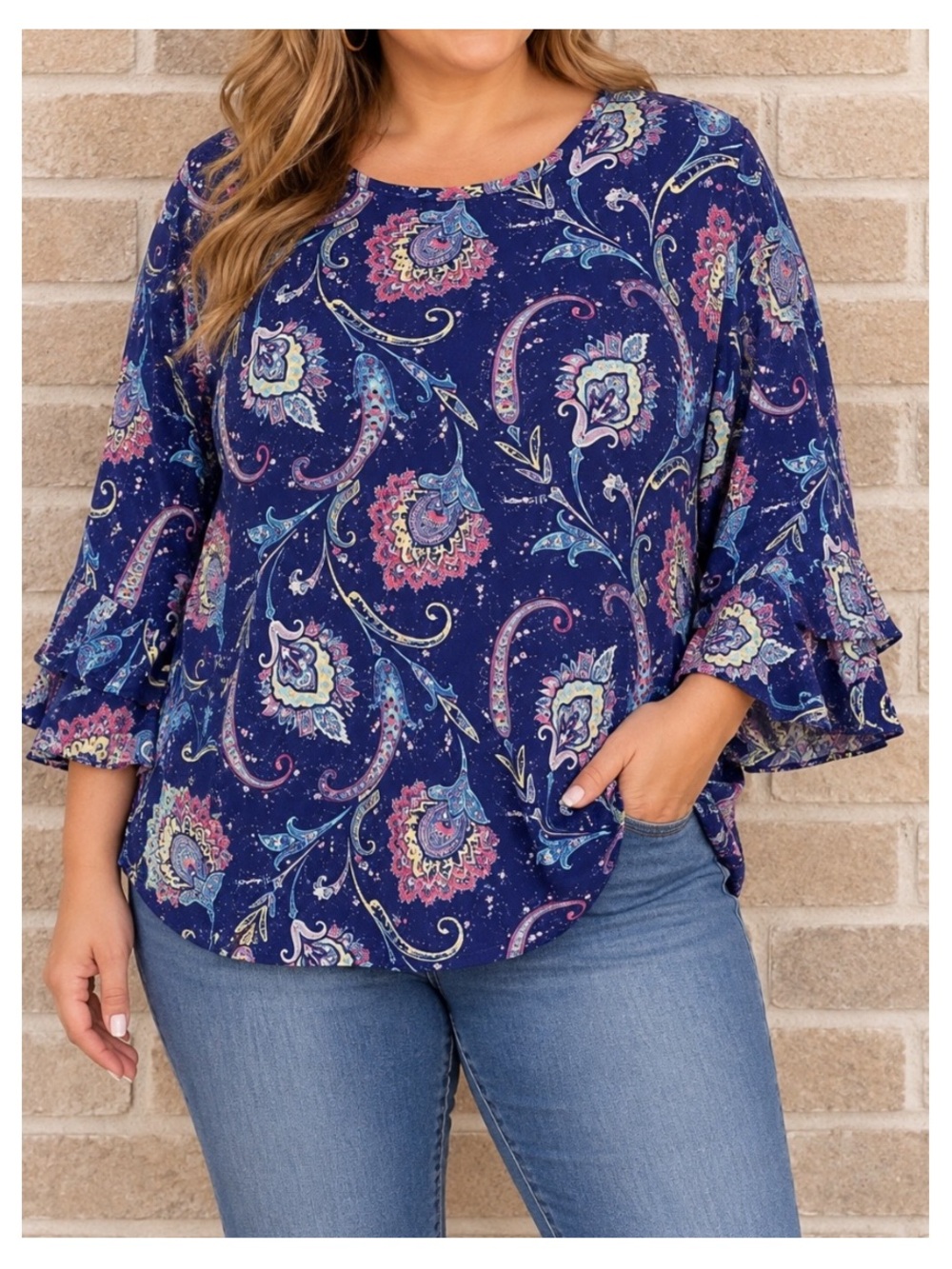 VALERIE STEVENS Plus 3/4 Ruffle Sleeve Blouse in Navy/Pink Print 2X